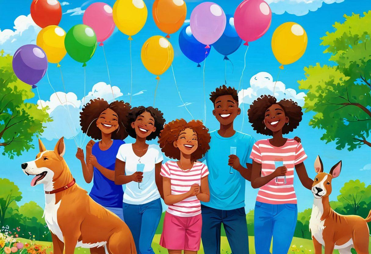 A whimsical scene depicting a diverse group of friends laughing together in a sunlit park, surrounded by blooming flowers and playful animals. Their expressions radiate joy and connection, symbolizing the uplifting power of humor. Lighthearted elements like balloons and comic-style speech bubbles add a playful touch. The background features a bright blue sky with fluffy clouds, enhancing the sense of euphoria. vibrant colors. cartoon style.