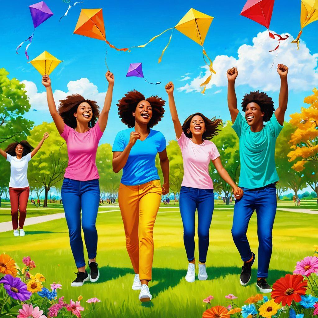 A vibrant and uplifting scene depicting a diverse group of friends joyfully engaging in various activities that promote mental wellness, such as laughter yoga, art therapy, and outdoor gatherings. The background should be a sunny park filled with blooming flowers and colorful kites flying in the sky, symbolizing freedom and happiness. Emphasize expressions of joy and connection among the friends. bright colors. super-realistic. joyful atmosphere.