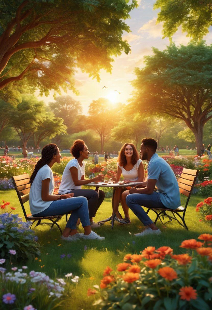 A diverse group of people joyfully interacting in a lush park, some engaging in deep conversation while others play games, symbolizing connection and support. Bright flowers bloom around them, radiating happiness and warmth. Include an inviting sunset in the background to evoke a sense of peace and fulfillment. vibrant colors. super-realistic.